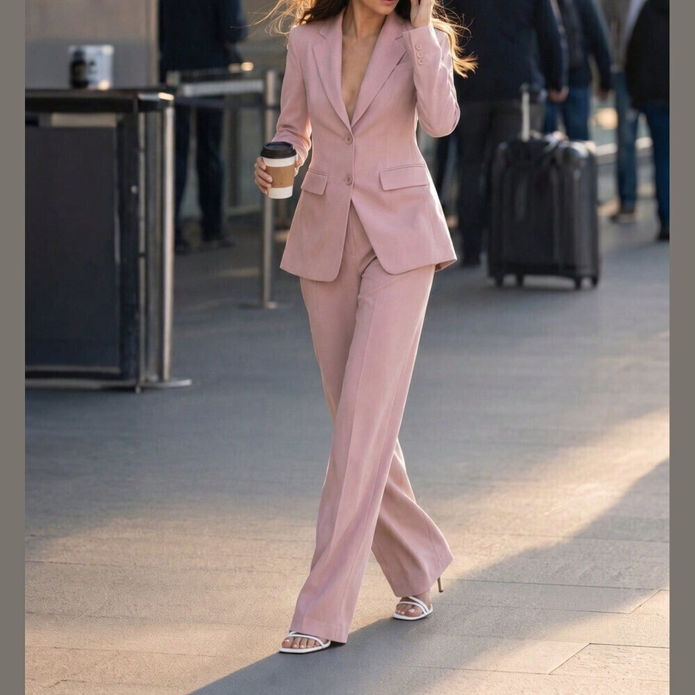 Blush Pink Notch Lapel Blazer and Extra Long Wide Leg Trouser Set
